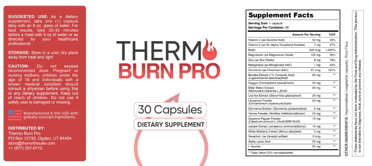 Thermo Burn Pro Supplement Facts label and directions